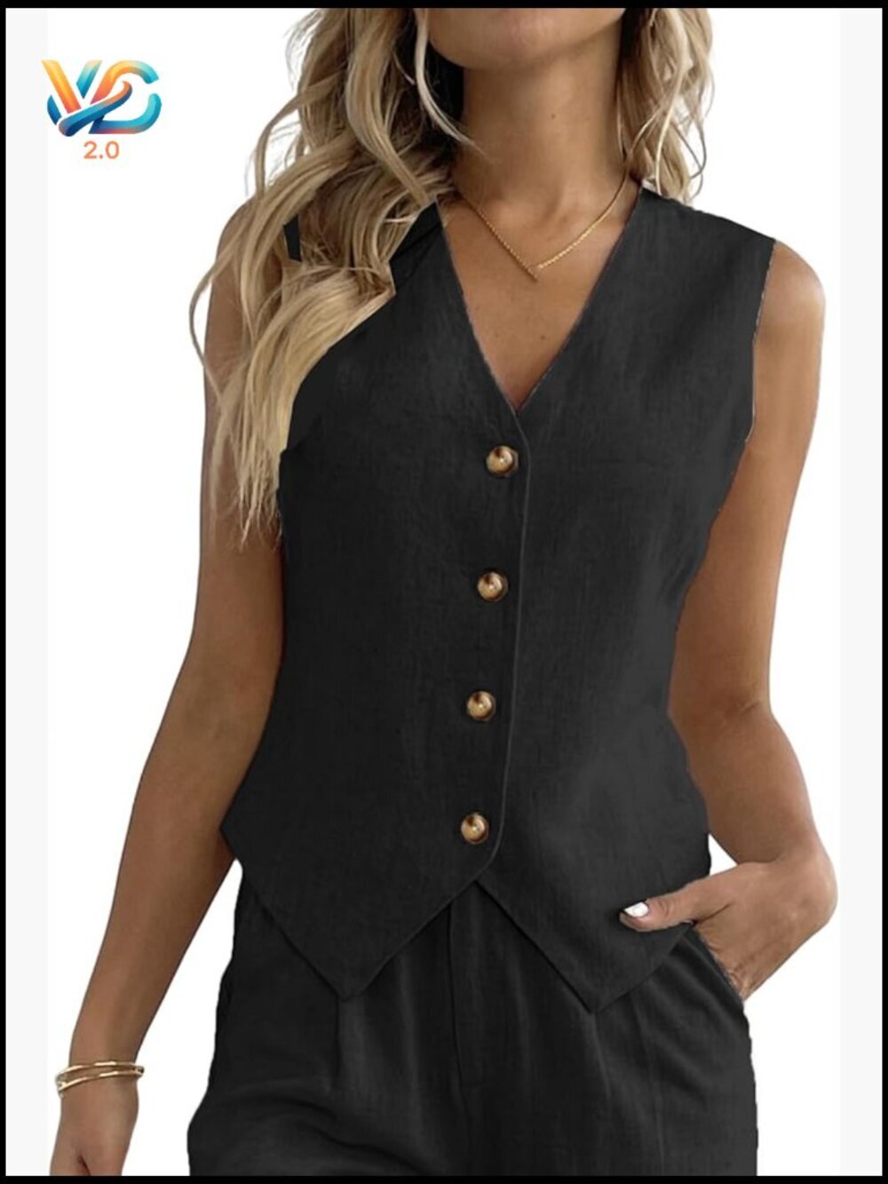 Linen Vest V-Neck Button Down Sleeveless Blazer Slim Fit Medium